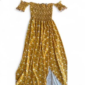 Poof! yellow floral off the shoulder maxi dress